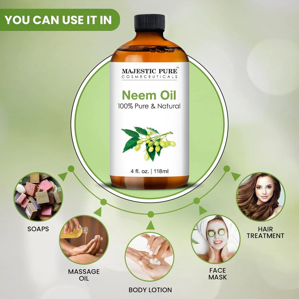 Majestic Pure Neem Oil - 100% Pure Cold Pressed - Great for Skin Care, Hair Care, Massage Oil, Nails, Acne, & Moisturizer for Dry Skin , 4 Fl Oz