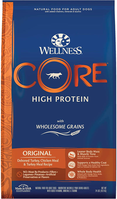 Wellness CORE Dry Dog Food with Wholesome Grains, High Protein Dog Food, Original Recipe, Turkey, Chicken Meal & Turkey Meal, Natural, Adult, Made in USA, All Breeds,