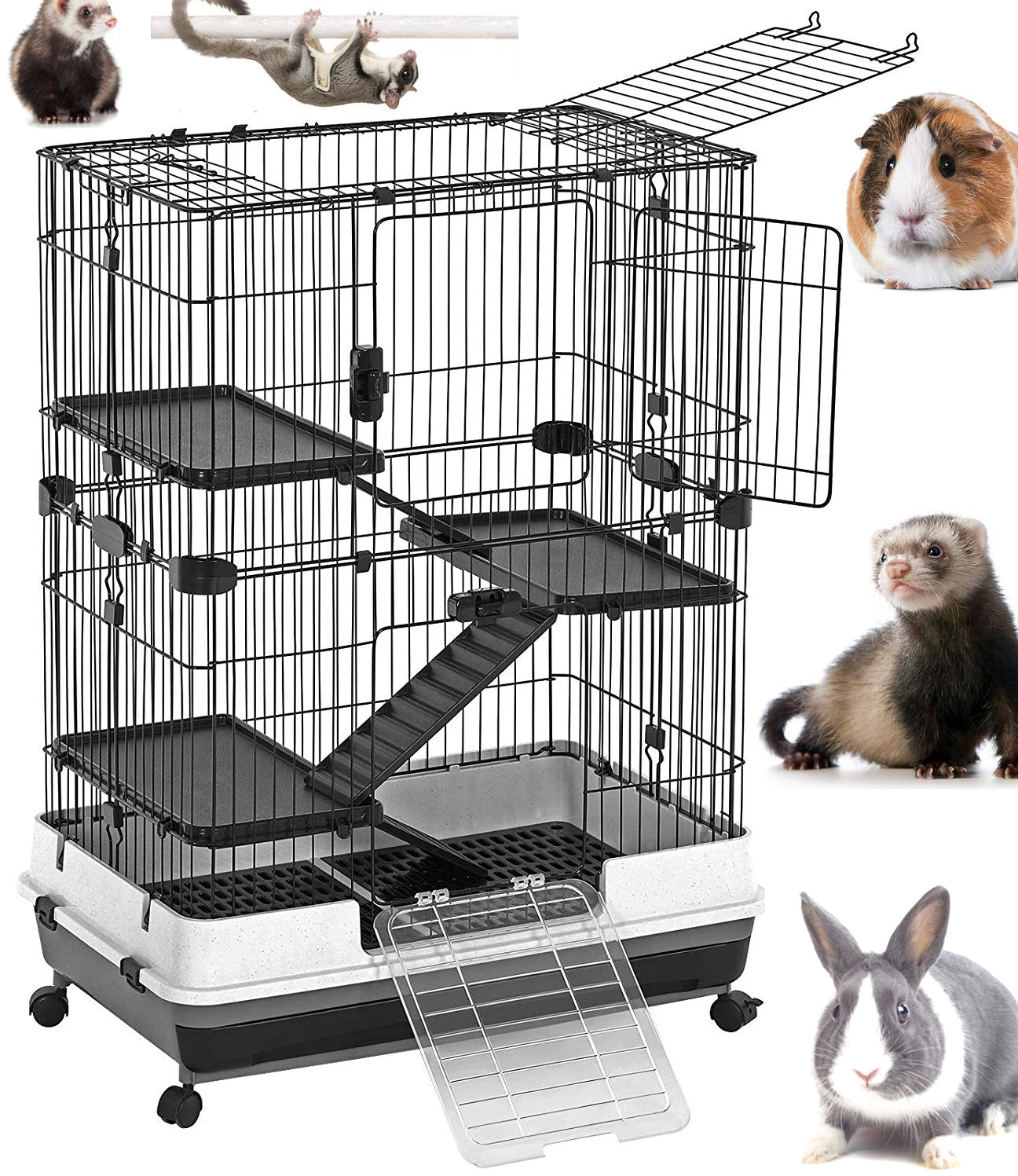 Large Deluxe 43” 4-Story Indoor Outdoor Rabbit Bunny Guinea Pig Hutch Chinchilla Ferret Hedgehog Home Small Animal Critter Cage Slide Out Tray with Rolling Wheels