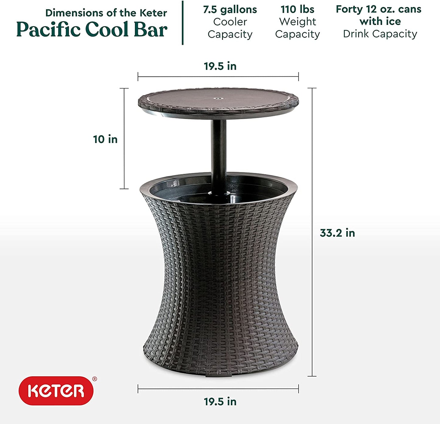 Keter Pacific Cool Bar Outdoor Patio Furniture and Hot Tub Side Table with 7.5 Gallon Beer and Wine Cooler, Brown