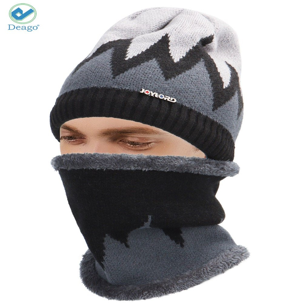 Deago Winter Beanie Hats Scarf Set Warm Knit Hats Skull Cap Neck Warmer with Thick Fleece Lined Winter Hat & Scarf for Men (Coffee)