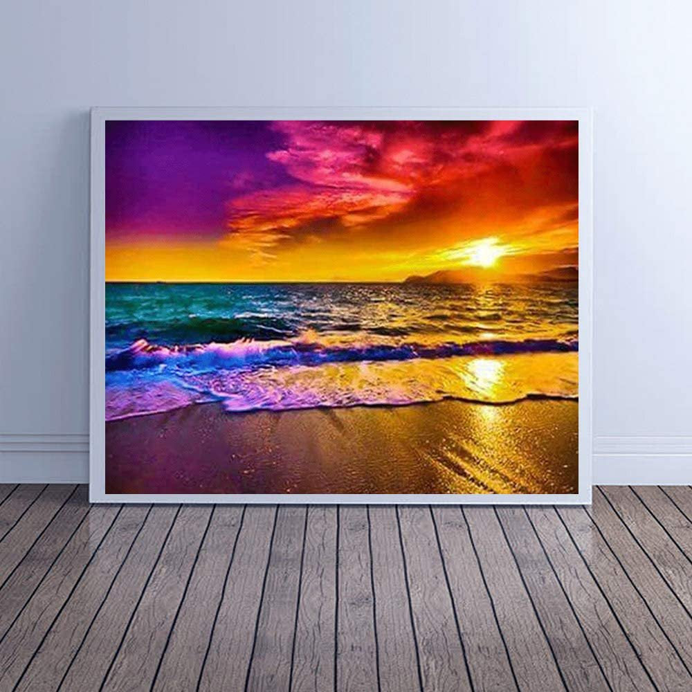 Hsdsbebe 5D Diamond Painting Beach Art for Adult,Sunset on Sea DIY Full round 5D Diamond Drill Kit,Gem Art Craft Home Decor,Wall Painting Kit 16X12 Inch