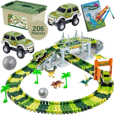 Toyvelt Dinosaur Toys Race Track Toy Set - Create a Dinosaur World Road Race, Flexible Track Playset - Includes 2 Cars and a Container Best Gift for Boys & Girls Ages 3,4,5,6, Years Old and Up
