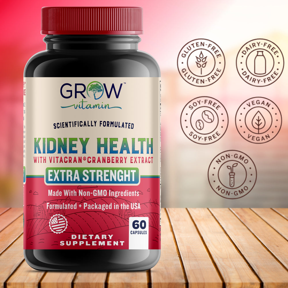 Kidney Health Support Supplement by Grow Vitamin (Kidney Cleanse Supplement) Supports Urinary Tract and Bladder Health, Organic Cranberry Extract, Astragalus and Uva Ursi Leaf - 60 Caps