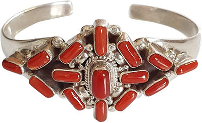 Red Coral Gemstone Real 925 Sterling Silver Fine Handmade Filigree Cuff Bracelet for Women, Tribal Gypsy Design Designer Fashion Bracelet, Party Boho Jewelry