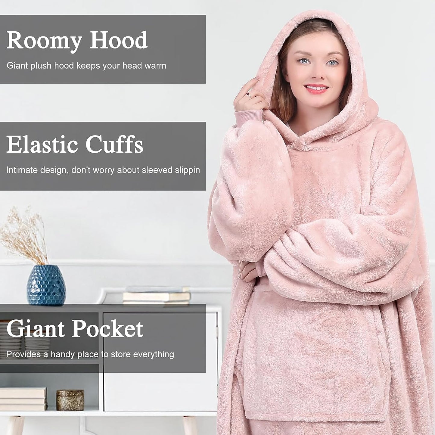 KPBLIS Wearable Blanket Hoodie for Women and Men, Oversized Wearable Hoody Blanket Sweatshirt, Warm and Cozy Giant Wearable Fleece Blanket with Sleeves and Giant Pocket for Adults and Kids, Pink