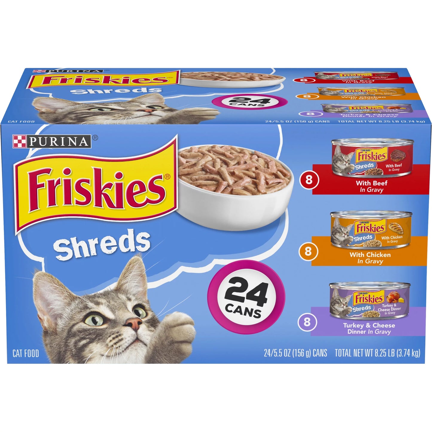 (24 Pack) Friskies Gravy Wet Cat Food Variety Pack, Shreds Beef, Chicken and Turkey & Cheese Dinner, 5.5 Oz. Cans