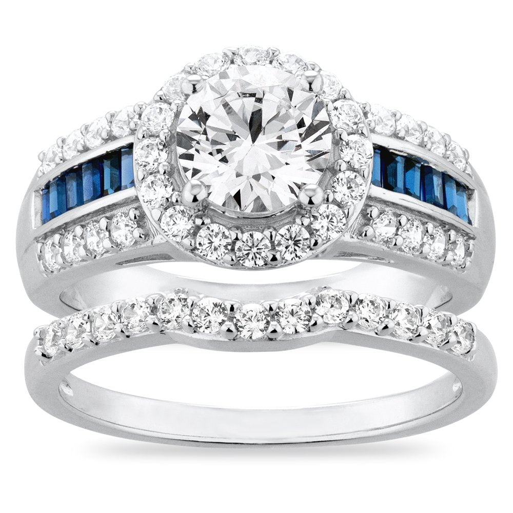 Brilliance 925 Sterling Silver Simulated White Diamond with Created Sapphire Accent Bridal Engagement Ring Set