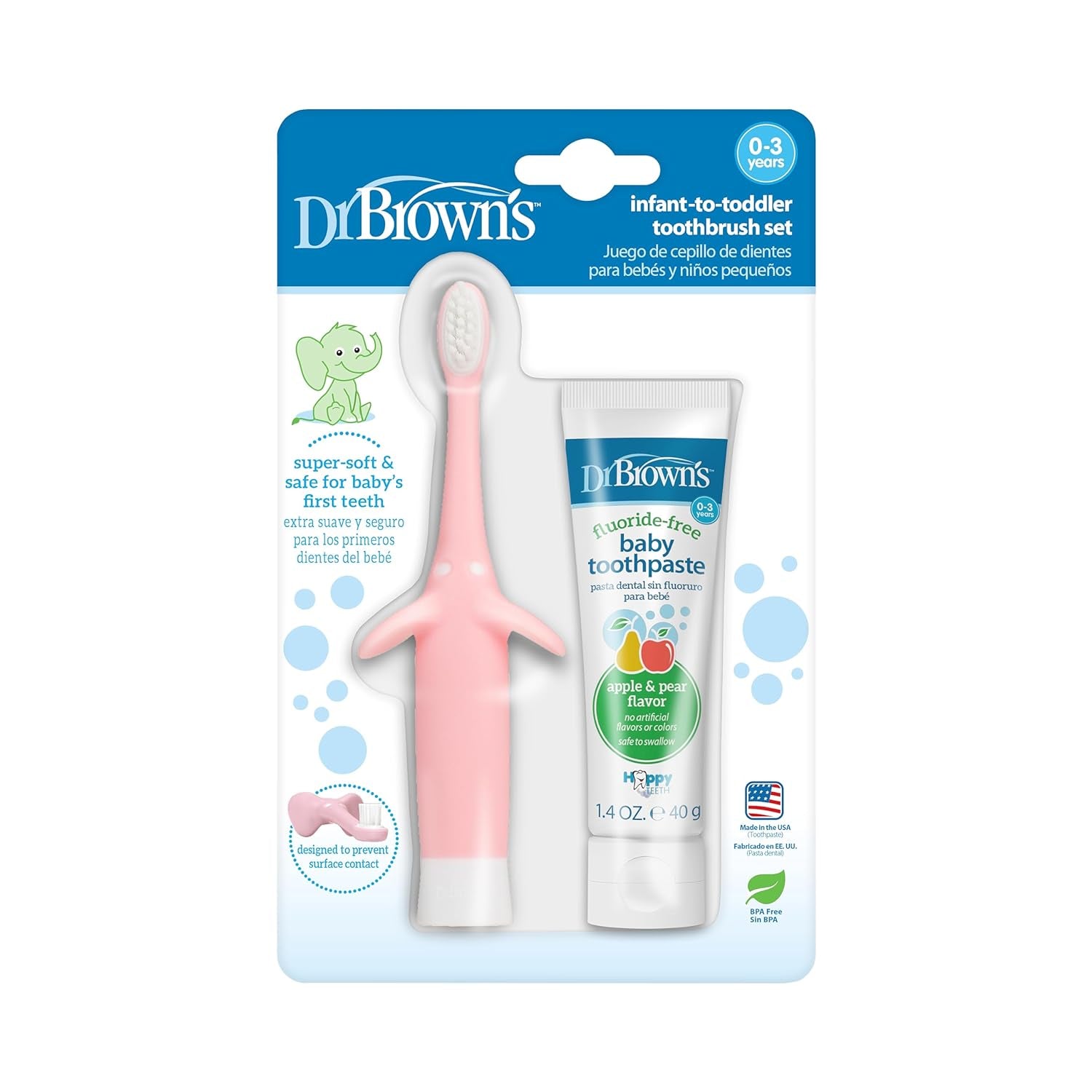 Dr. Brown’S Infant-To-Toddler Training Toothbrush Set, Pink Elephant with Fluoride-Free Apple Pear Baby Toothpaste, 0-3 Years