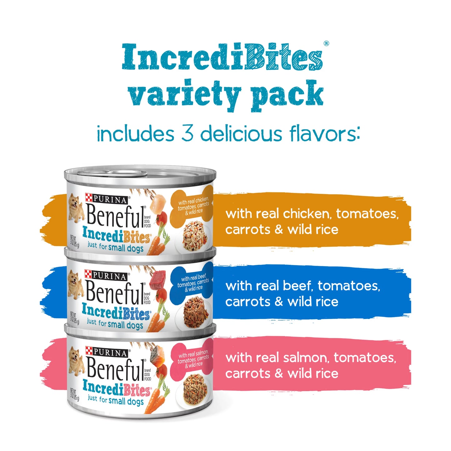 (12 Pack) Purina Beneful Small Breed Wet Dog Food Variety Pack, Incredibites with Real Beef, Chicken or Salmon, 3 Oz. Cans