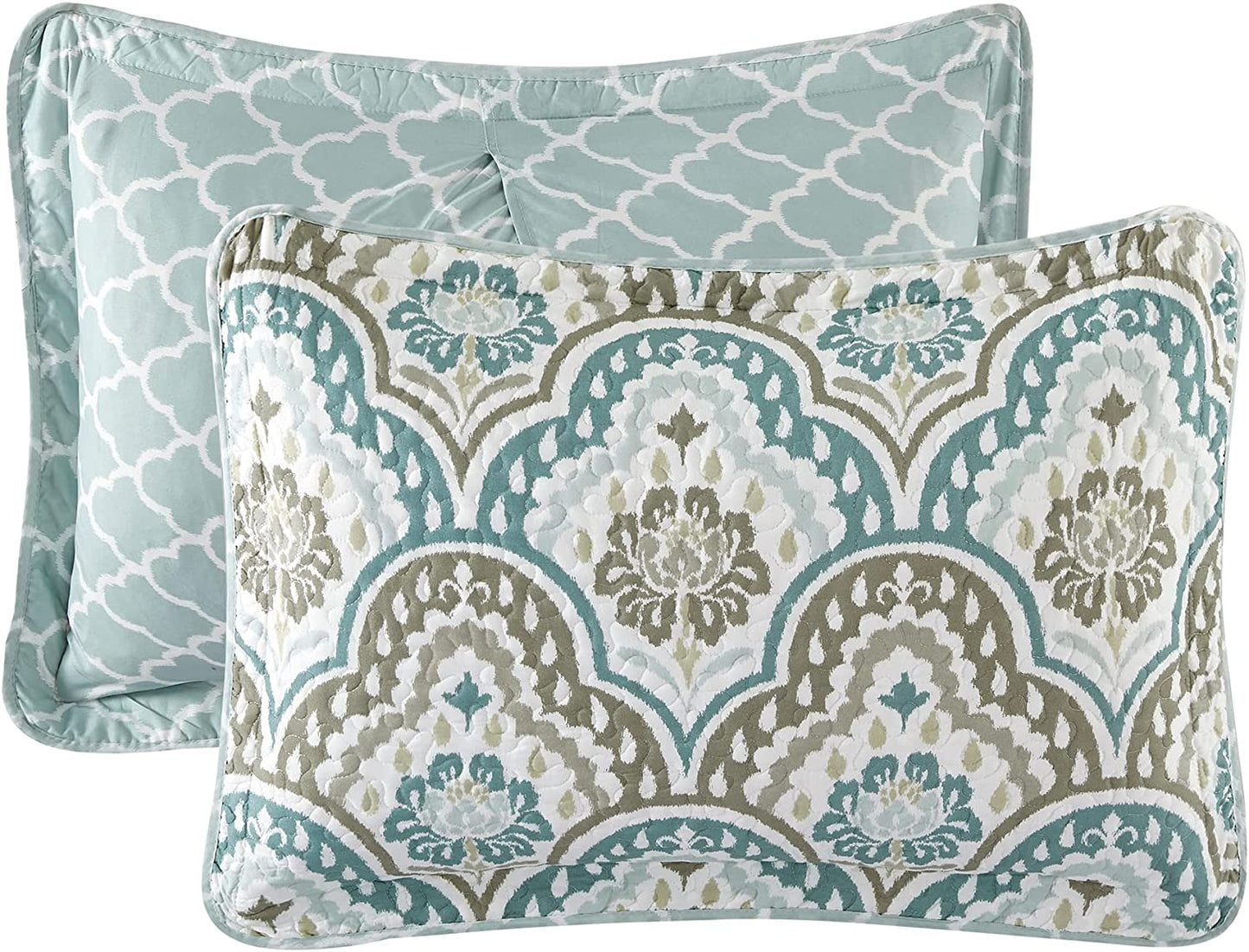 Home Soft Things Tivoli Ikat Queen Size 90" X 90" 5 Piece Teal Aqua Printed Prewashed Quilted Coverlet Bedspread Bed Cover Set for All Season, Lightweight Quilt Blanket with Matching Shams Pillows