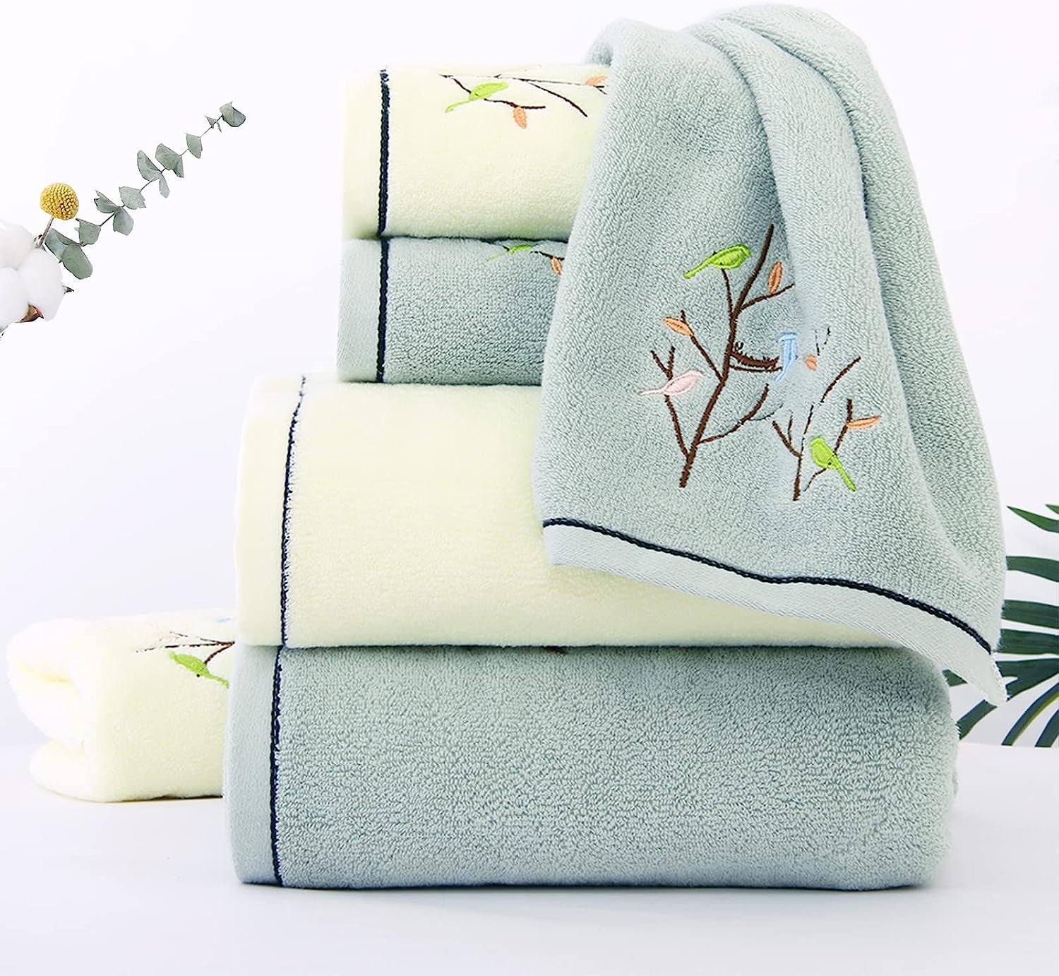 Pidada Hand Towels Set of 2 Embroidered Bird Tree Pattern 100% Cotton Absorbent Soft Decorative Towel for Bathroom 13.8 X 29.5 Inch (Aqua Green)