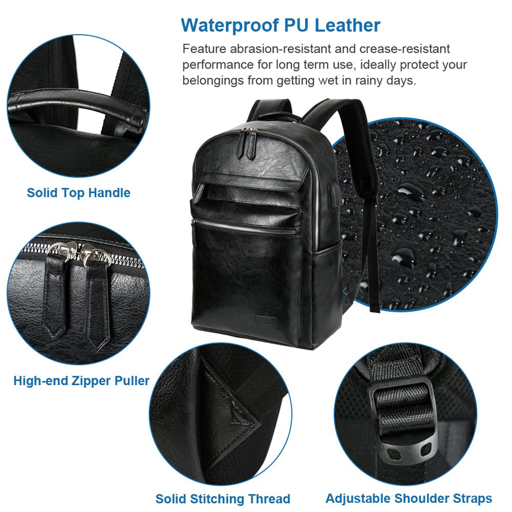 PU Leather Business Backpacks for Men, Large-Capacity Waterproof Laptop Shoulder Bags Casual Stylish College School Bag Outdoor Daypack Travel Backpack, Black
