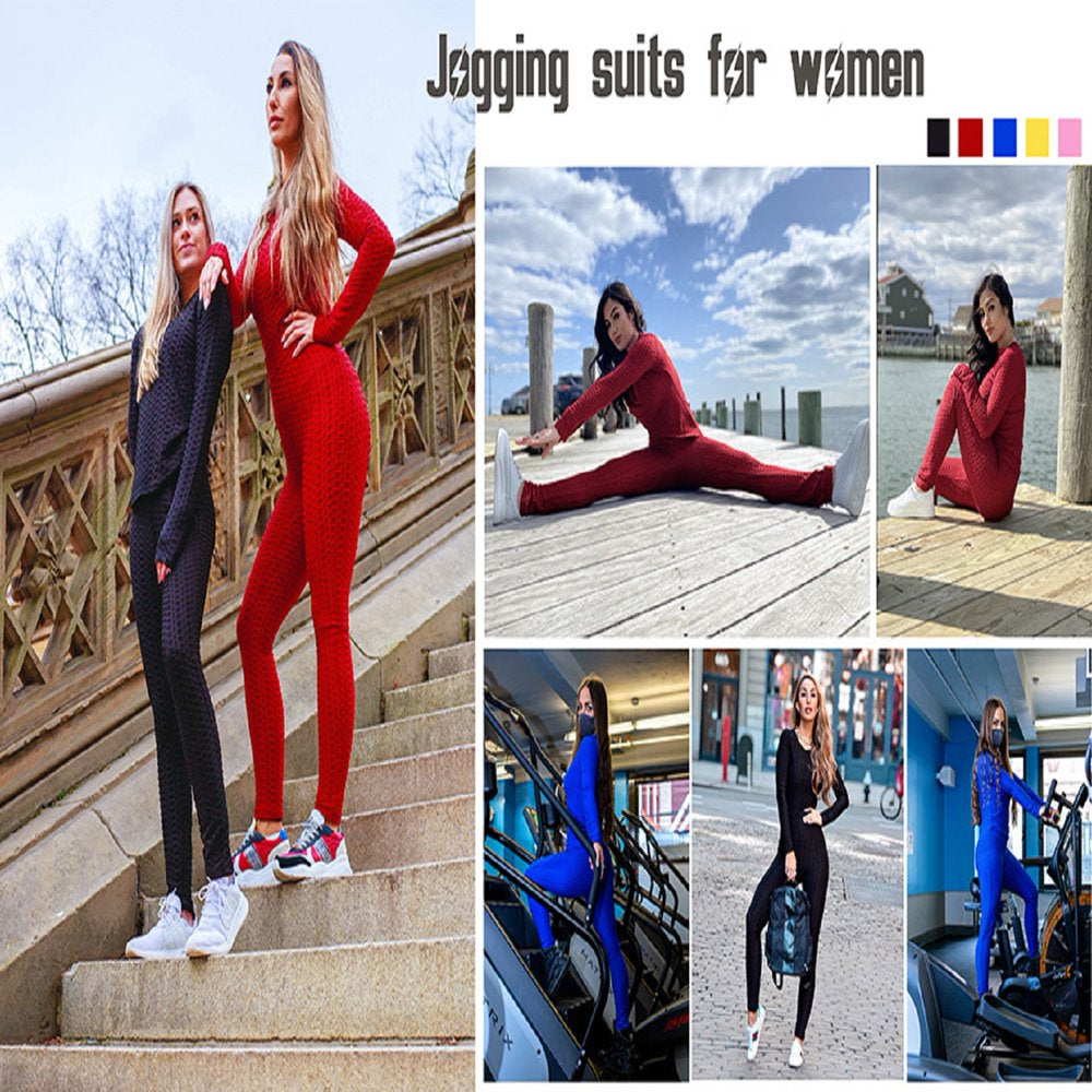 Akmipoem Women 2 Piece Outfits Textured Tracksuit Jogging Suits Long Sleeve Leggings Sweatsuits Sets