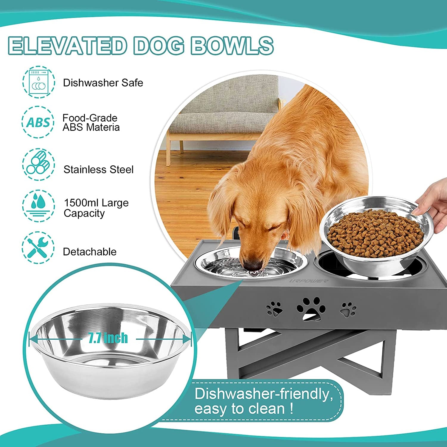 URPOWER Elevated Dog Bowls Adjustable Raised Dog Bowl with 2 Stainless Steel 1.5L Dog Food Bowls Stand Non-Slip No Spill Dog Dish Adjusts to 3 Heights 2.8”, 8”, 12”For Small Medium Large Dogs and Cats