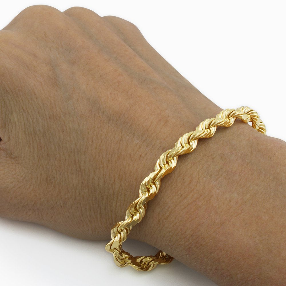 Nuragold 14K Yellow Gold 7Mm Rope Chain Diamond Cut Bracelet, Mens Jewelry Lobster Clasp 8" 8.5" 9"