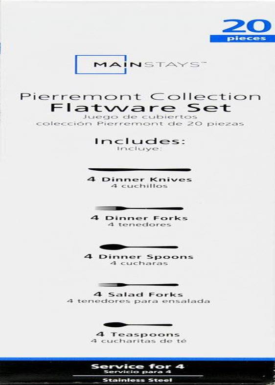 Mainstays Pierremont 20 Piece Polished Stainless Steel Flatware Set, Silver Tableware
