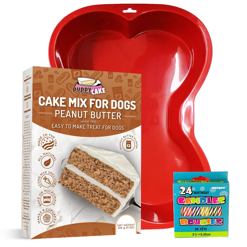 Puppy Cake Mix Dog Birthday Cake Kit, with Bone Silicone Pan and Candles (Peanut Butter, Red) Made in USA