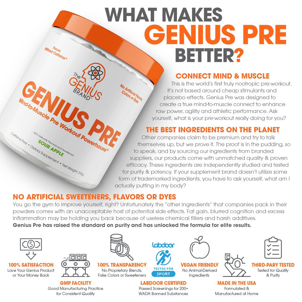 Genius Pre Workout Powder, Sour Apple - All-Natural Nootropic Pre-Workout & Caffeine-Free Nitric Oxide Booster Supplement with Beta Alanine & Alpha GPC - the Genius Brand
