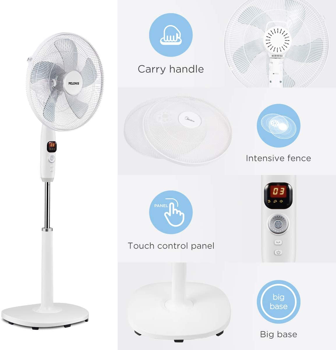 PELONIS 16" Oscillating Pedestal Fan | Standing Adjustable Fan | Ultra Quiet DC Motor | Remote Control | 3 Modes | 12-Hour Timer | High Energy Efficiency | for Bedroom Home Office