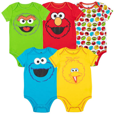 Sesame Street Elmo Cookie Monster Big Bird Newborn Baby Boys 5 Pack Bodysuits Newborn to Infant