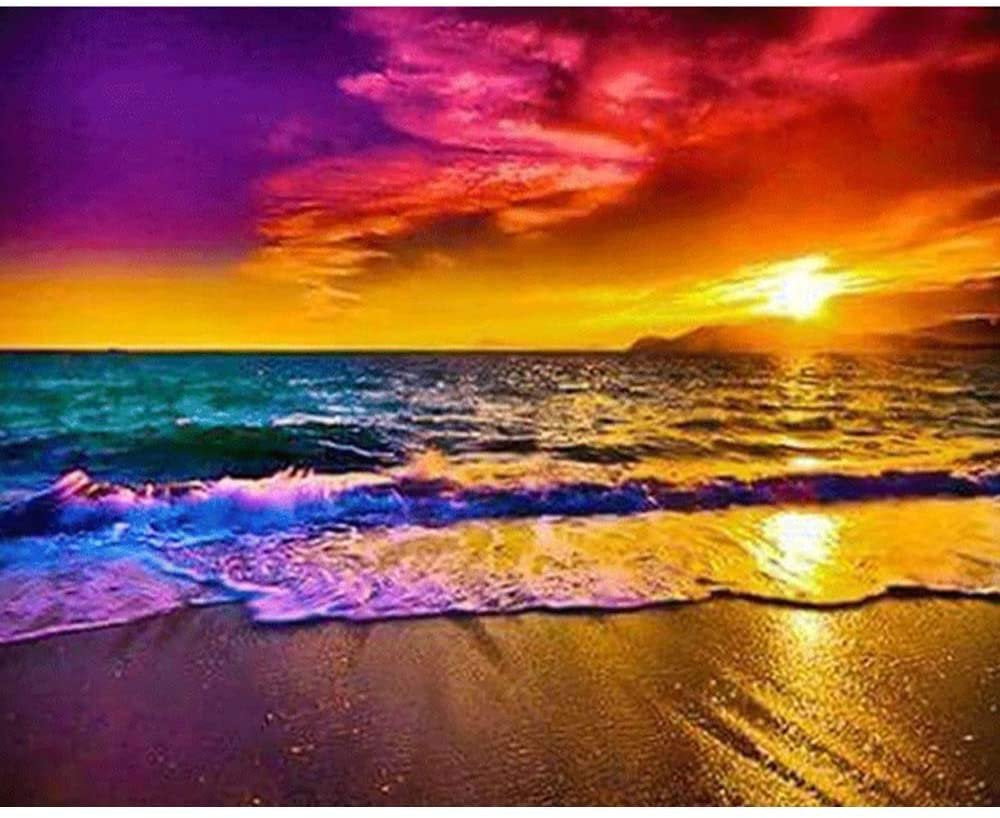 Hsdsbebe 5D Diamond Painting Beach Art for Adult,Sunset on Sea DIY Full round 5D Diamond Drill Kit,Gem Art Craft Home Decor,Wall Painting Kit 16X12 Inch