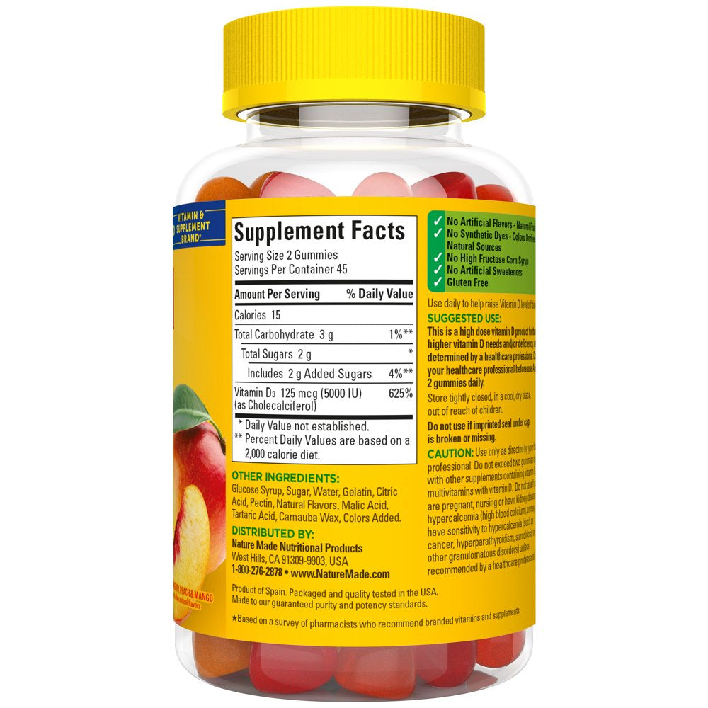 Nature Made Extra Strength Vitamin D3 5000 IU (125 Mcg) per Serving Gummies, Dietary Supplement, 90 Count