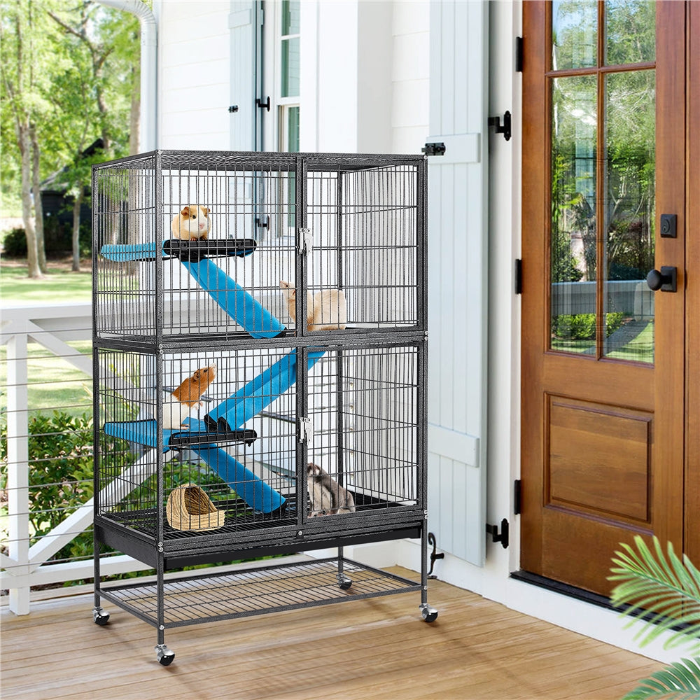 Smilemart Rolling Metal Cage 2-Story Small Animal Cage for Adult Rats/Ferrets/Chinchillas/Guinea Pigs with Removable Ramps & Platforms, Hammered Black