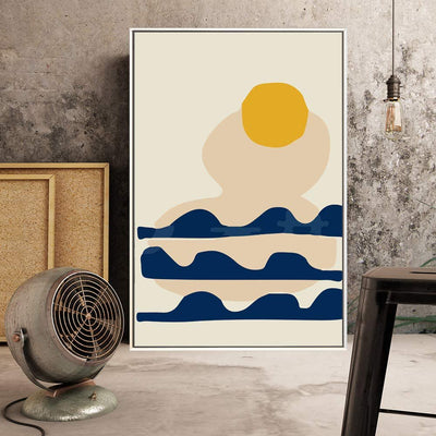 IDEA4WALL Stretched Framed Canvas Print Wall Art Yellow Sun over Abstract Blue Waves Geometric Patterns Illustrations Modern Art Ultra for Living Room, Family Bedroom, Office - 24"X36" Hang