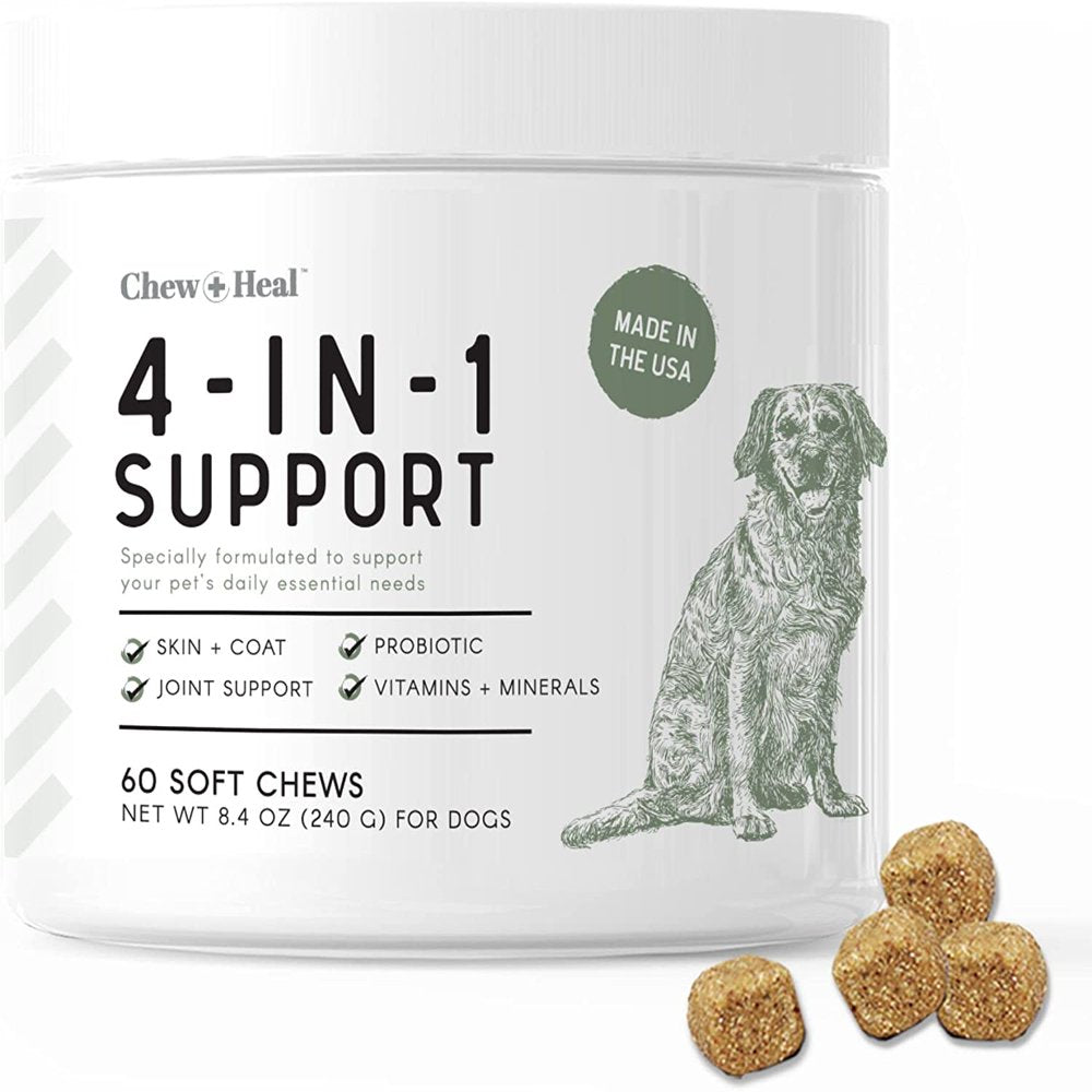 Chew + Heal All in 1 Dog Vitamin - 60 Soft Chew Treats for Dogs - Chewable Multivitamin with Probiotics, Digestive Enzymes, for Skin, Hip and Joint Support - with Omega, Calcium - Made in the USA