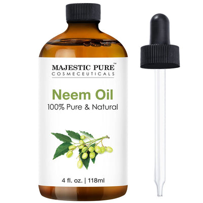 Majestic Pure Neem Oil - 100% Pure Cold Pressed - Great for Skin Care, Hair Care, Massage Oil, Nails, Acne, & Moisturizer for Dry Skin , 4 Fl Oz