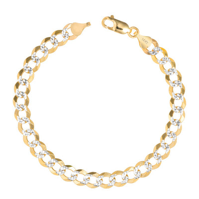 Nuragold 14K Yellow Gold Solid 7Mm Cuban Chain Curb Link Diamond Cut Pave Two Tone Bracelet, Mens Jewelry Lobster Clasp 7" 7.5" 8" 8.5" 9"