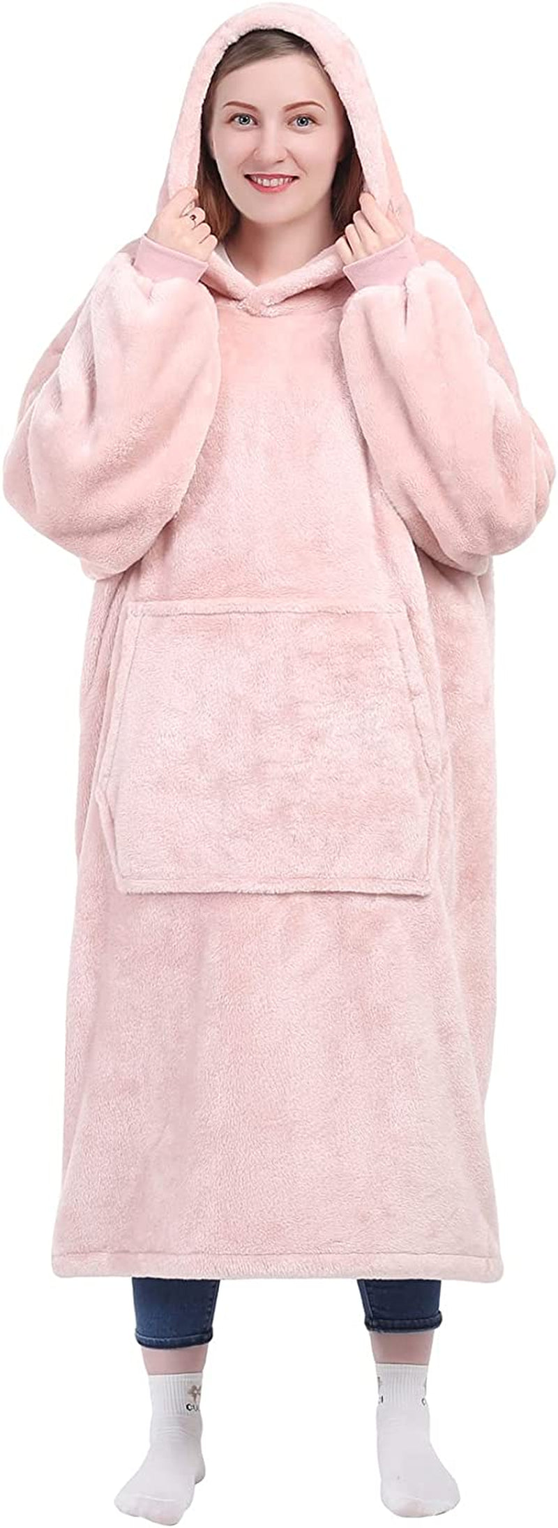 KPBLIS Wearable Blanket Hoodie for Women and Men, Oversized Wearable Hoody Blanket Sweatshirt, Warm and Cozy Giant Wearable Fleece Blanket with Sleeves and Giant Pocket for Adults and Kids, Pink