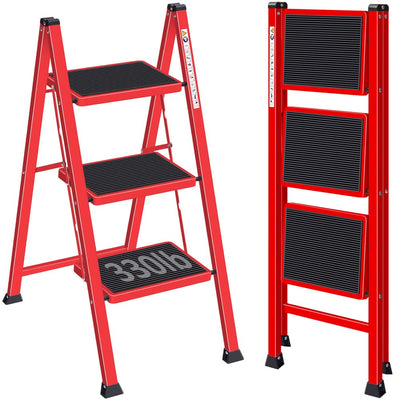 Kingrack 3-Step Stool, Household Folding Non-Slip Step Ladder, Collapsible Stool for Adults, 330Lbs Capacity (Red)