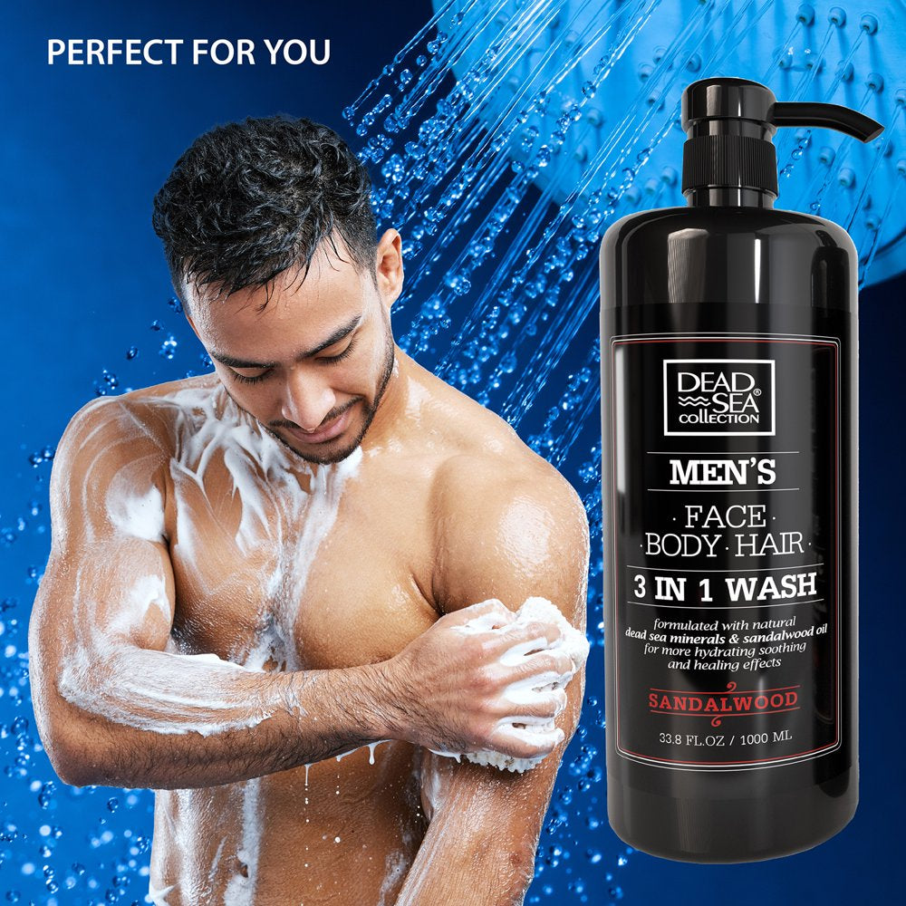 Dead Sea Collection 3 in 1 Mens Body Wash with Sandalwood Oil, for All Skin Type, Pack of 2 Bottles, 33,8 Fl. Oz. Each