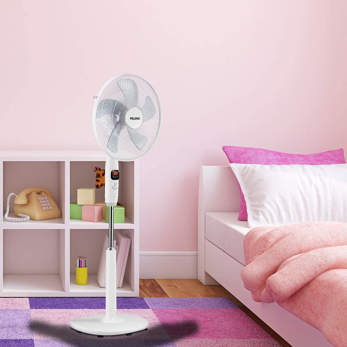 PELONIS 16" Oscillating Pedestal Fan | Standing Adjustable Fan | Ultra Quiet DC Motor | Remote Control | 3 Modes | 12-Hour Timer | High Energy Efficiency | for Bedroom Home Office