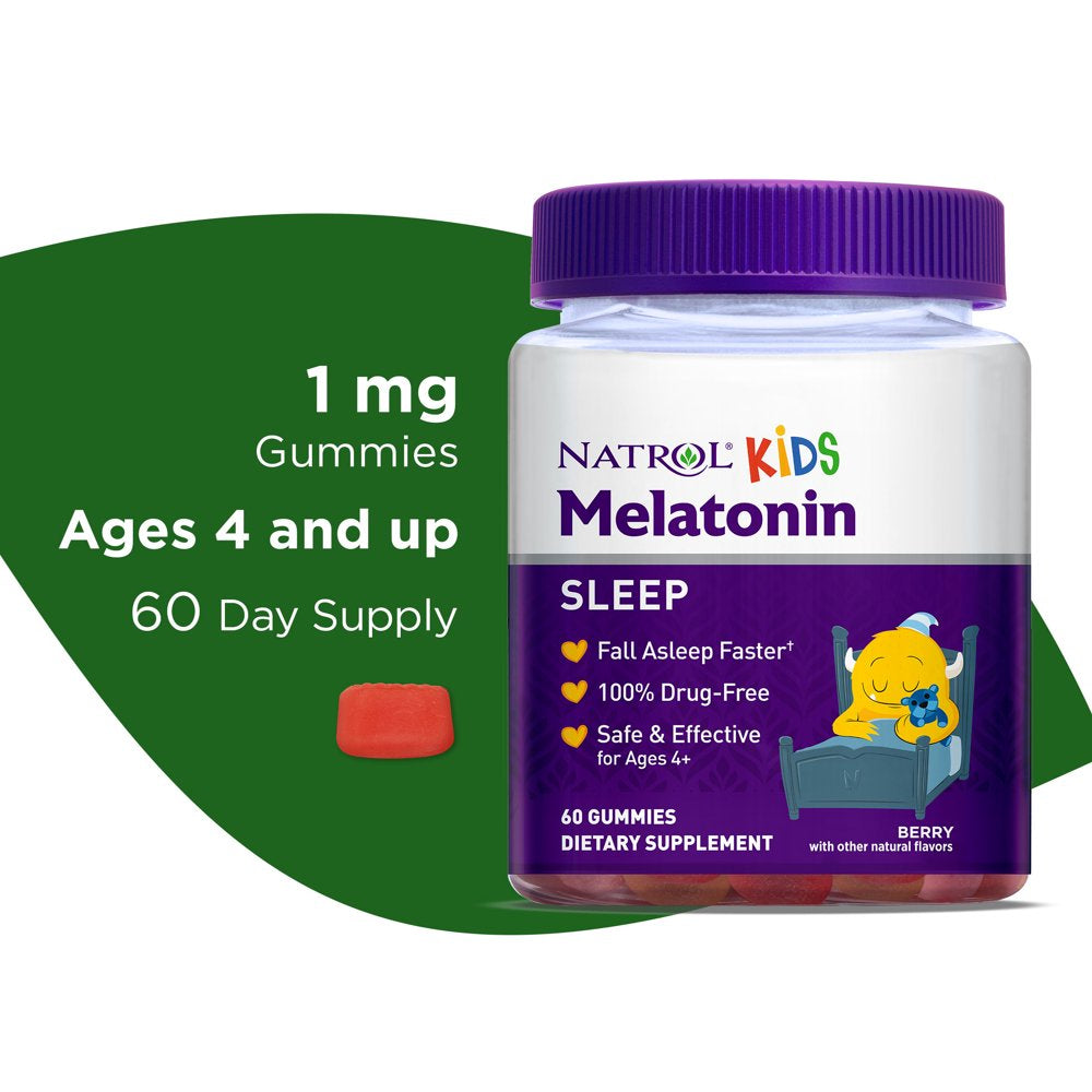 Natrol® Kids Melatonin Sleep Aid Gummies, Ages 4 and Up, Drug-Free, Berry, 1Mg, 60 Count