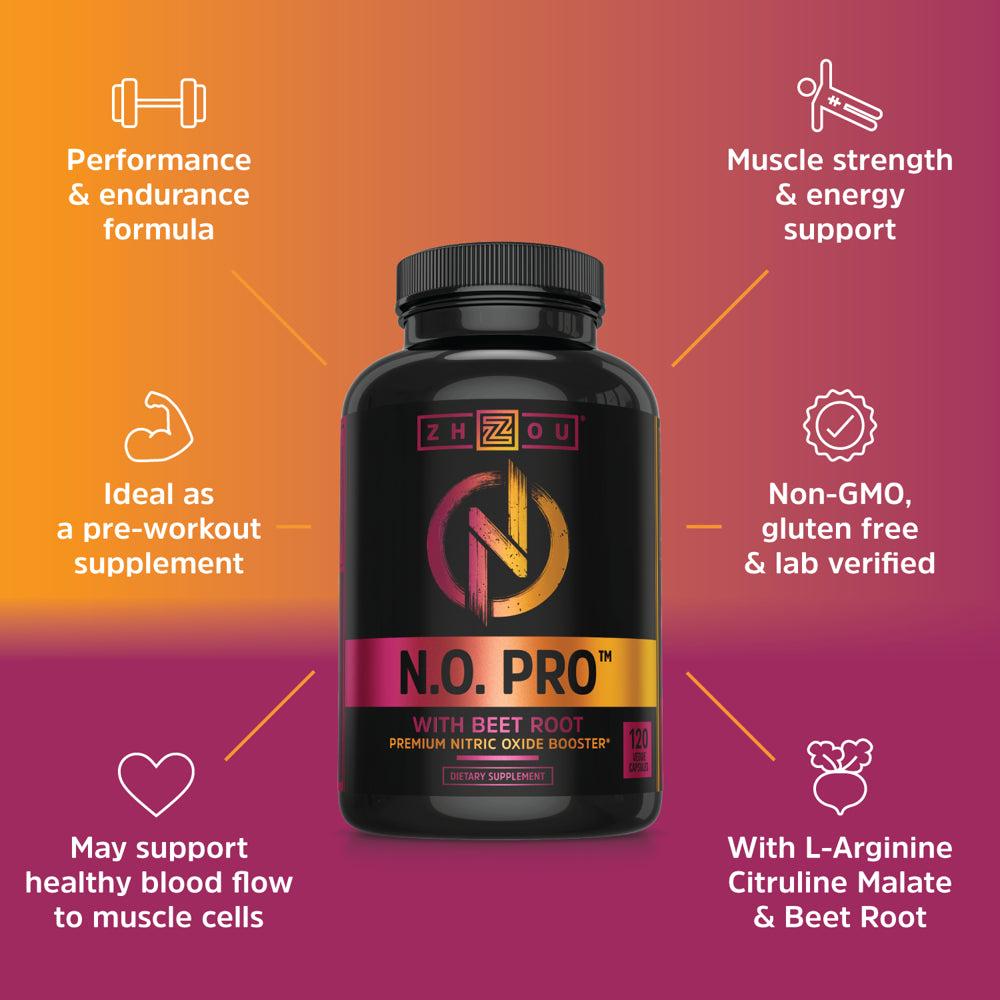 Zhou Nutrition N.O PRO, Nitric Oxide with Beet Root Pre-Workout, 120 Capsules