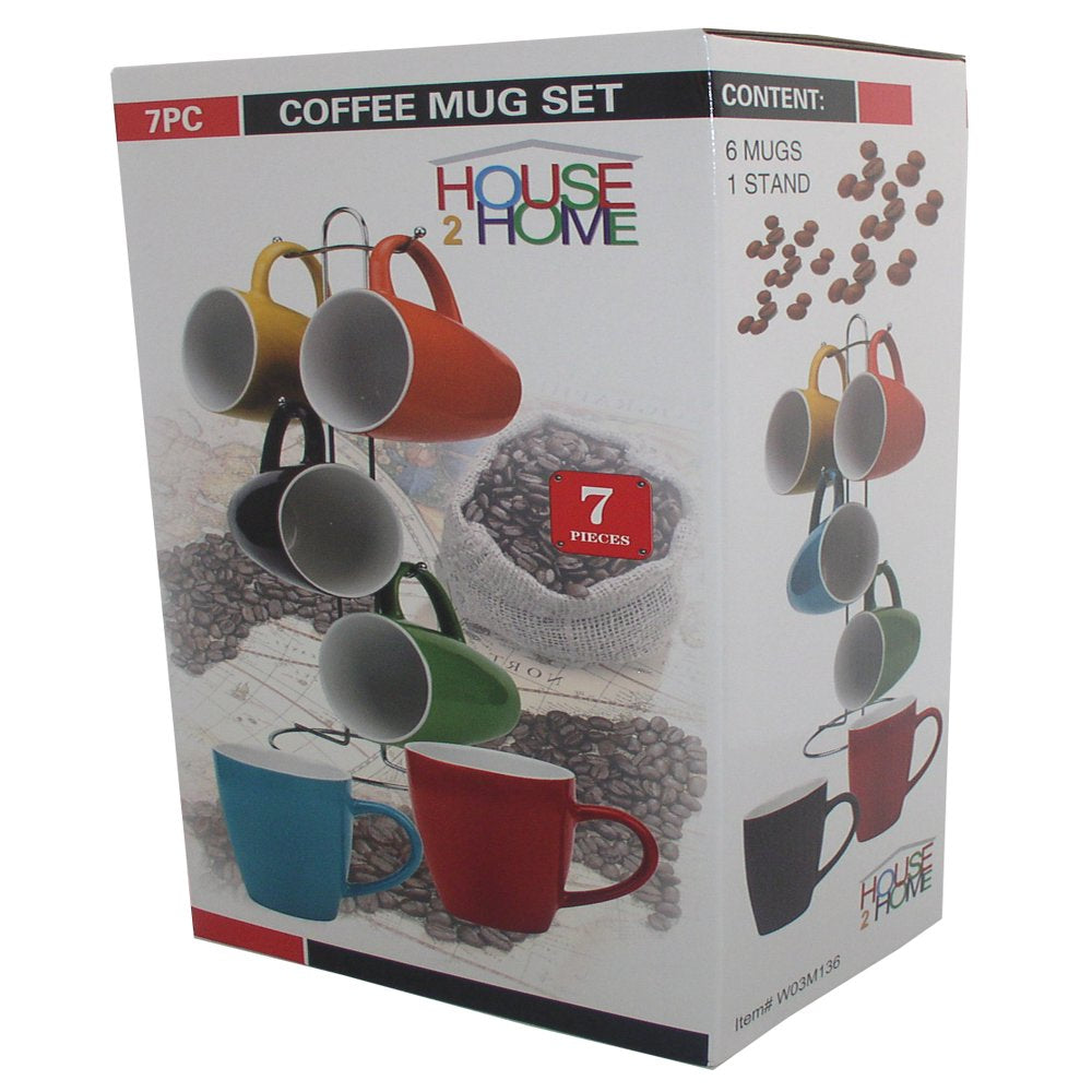 House 2 Home, Multi Color 6 Pc. Ceramic Coffee Mug Set with a Metal Stand, 15 Oz.