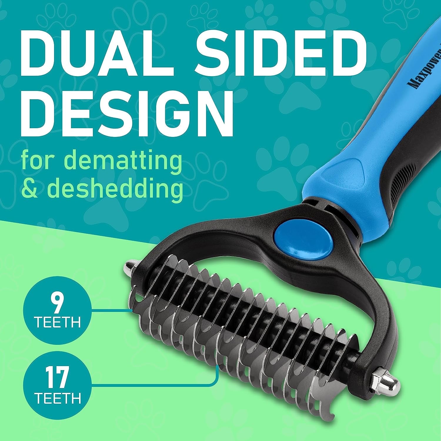 Maxpower Planet Pet Grooming Brush - Double Sided Shedding and Dematting Undercoat Rake Comb for Dogs and Cats,Extra Wide, Blue, Dog Grooming Brush, Dog Shedding Brush