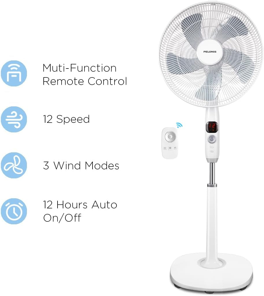 PELONIS 16" Oscillating Pedestal Fan | Standing Adjustable Fan | Ultra Quiet DC Motor | Remote Control | 3 Modes | 12-Hour Timer | High Energy Efficiency | for Bedroom Home Office