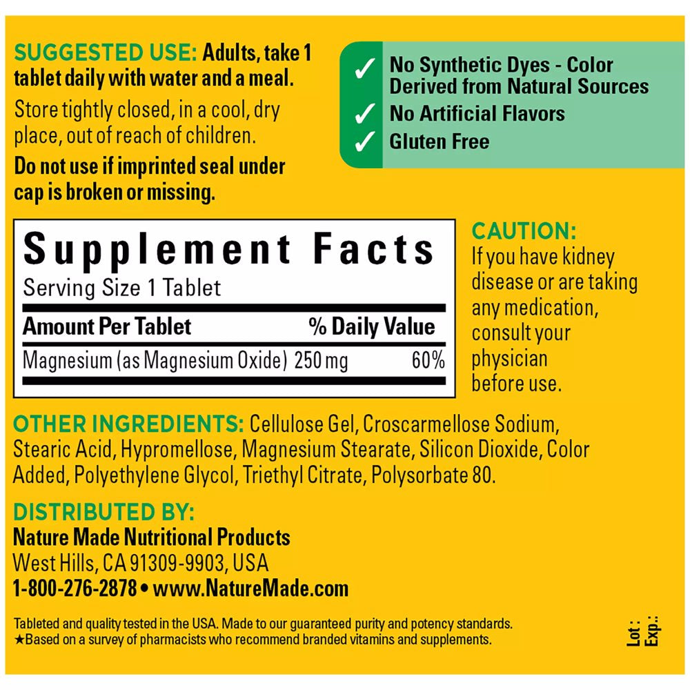 Nature Made Magnesium Oxide 250 Mg Tablets, Dietary Supplement, 300 Count