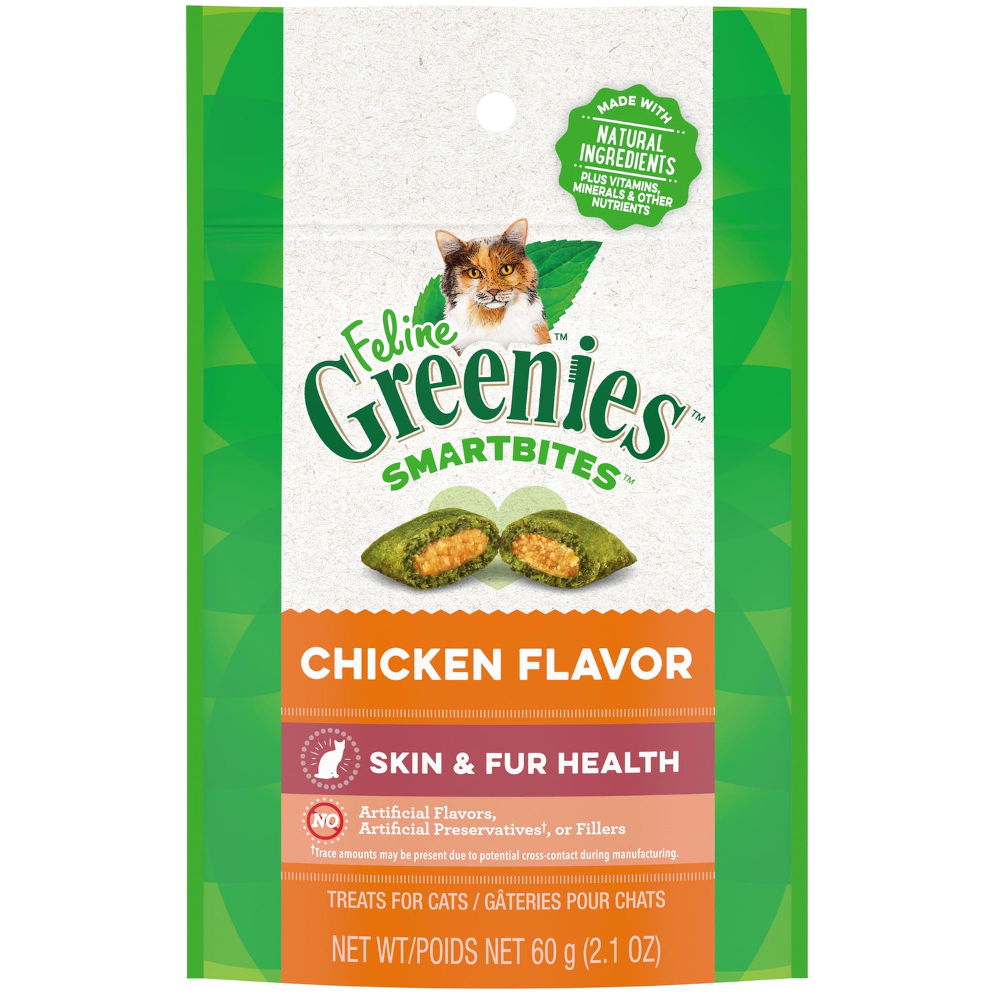 FELINE GREENIES SMARTBITES Skin & Fur Crunchy and Soft Natural Cat Treats, Chicken Flavor, 2.1 Oz. Pack