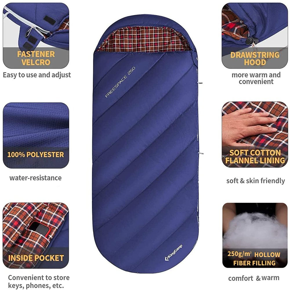 Kingcamp XL Camping Sleeping Bags 3 Seasons Oversized Lightweight 100% Cotton Flannel Sleeping Bag Navy