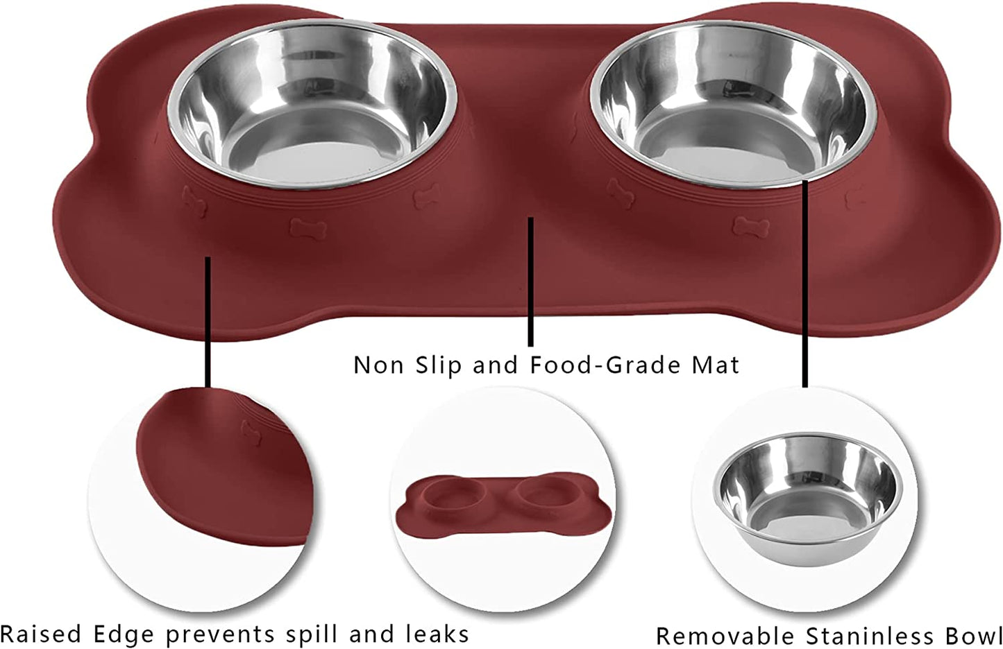 Hubulk Pet Dog Bowls 2 Stainless Steel Dog Bowl with No Spill Non-Skid Silicone Mat + Pet Food Scoop Water and Food Feeder Bowls for Feeding Small Medium Large Dogs Cats Puppies (S, Burgundy)