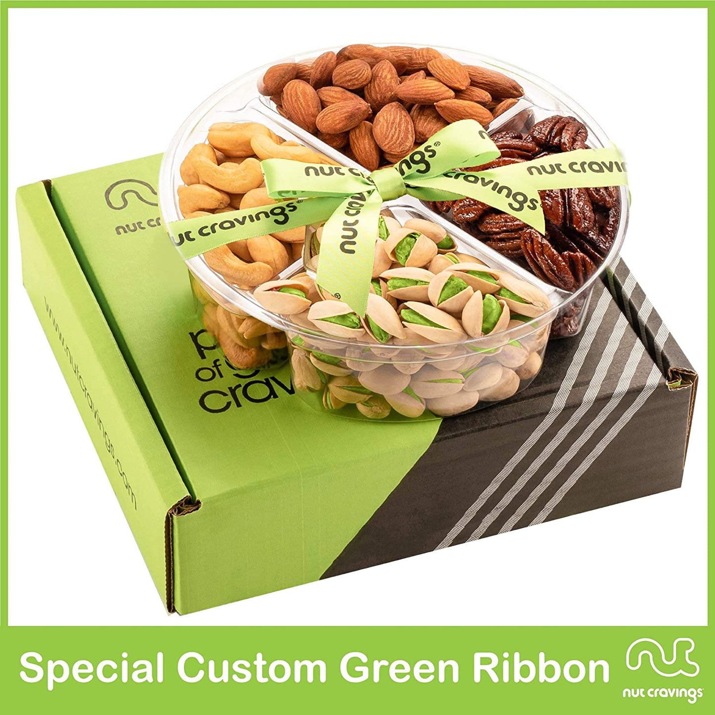 Nut Cravings Gourmet Collection - Mixed Nuts Gift Basket + Green Ribbon (4 Assortments) Food Bouquet Arrangement Platter, Birthday Care Package Tray, Healthy Kosher Snack Box, Women Men