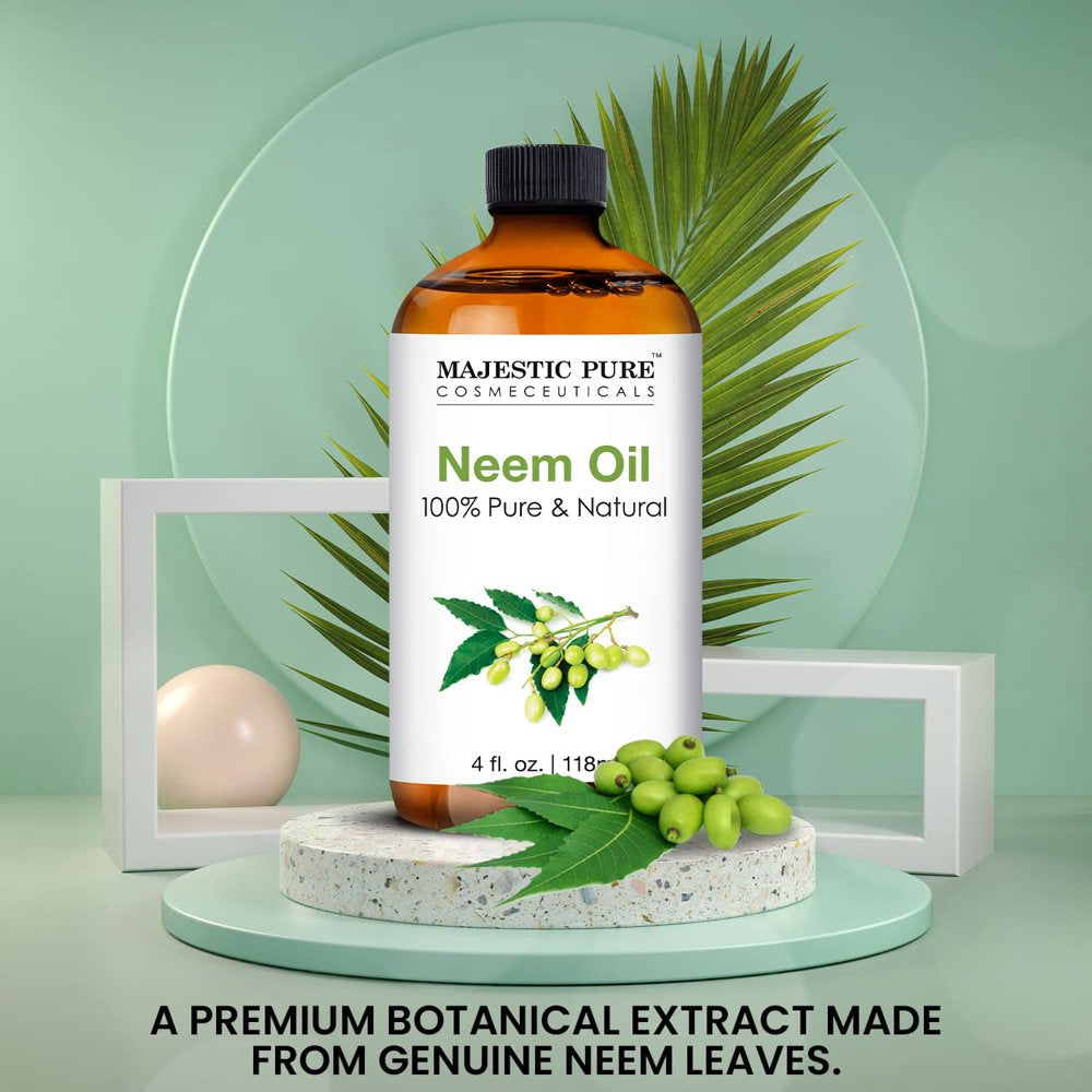 Majestic Pure Neem Oil - 100% Pure Cold Pressed - Great for Skin Care, Hair Care, Massage Oil, Nails, Acne, & Moisturizer for Dry Skin , 4 Fl Oz