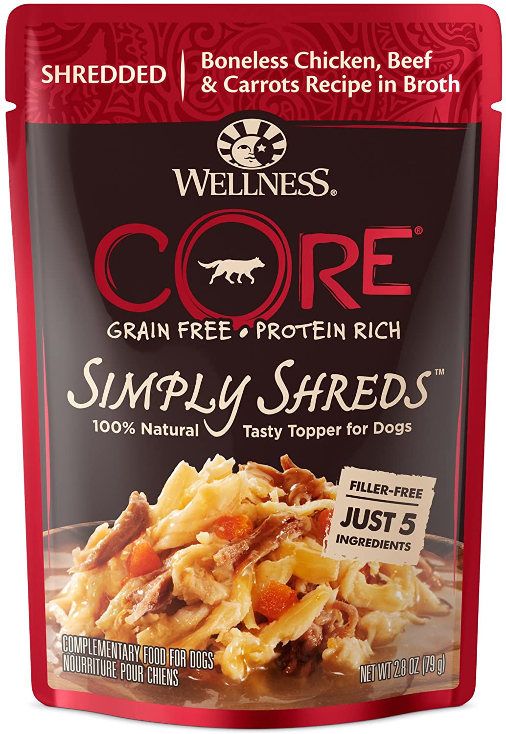 Wellness CORE Simply Shreds Grain Free Dry Dog Food Topper, Protein Rich Tasty Topper, Mixer or Treat for Dogs, Wet Dog Food Pouch, Natural, 2.8 Ounce Pouch (Pack of 12), Filler Free, 5 Ingredients