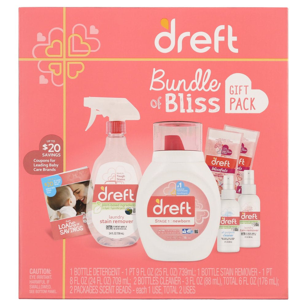 Dreft Bundle of Bliss Gift Set with Baby Laundry Detergent and Stain Remover Essentials, 7 Pieces