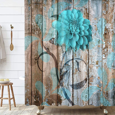 JAWO Rustic Flower Shower Curtain, Teal Floral Dahlia Barn Wood Farmhouse Shower Curtain Set, Country Turquoise Blue Brown Fabric Shower Curtain with Hooks, Boho Bathroom Curtain, 69X70Inch